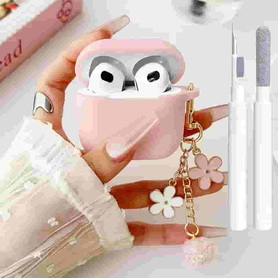 OTOPO Capa Rosa para AirPods 3ª Geração, Capinha Protetora de Silicone Macio com Suporte para Carregamento com Fio/Sem Fio, Kit de Limpeza e Chaveiro Floral, Ideal para Uso Pessoal