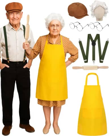7 peças de acessórios de fantasia de casal de vovô e vovó de Halloween, incluindo avental amarelo, óculos redondos, chapéu de jornaleiro, suspensórios com rolo de madeira para adultos, roupas
