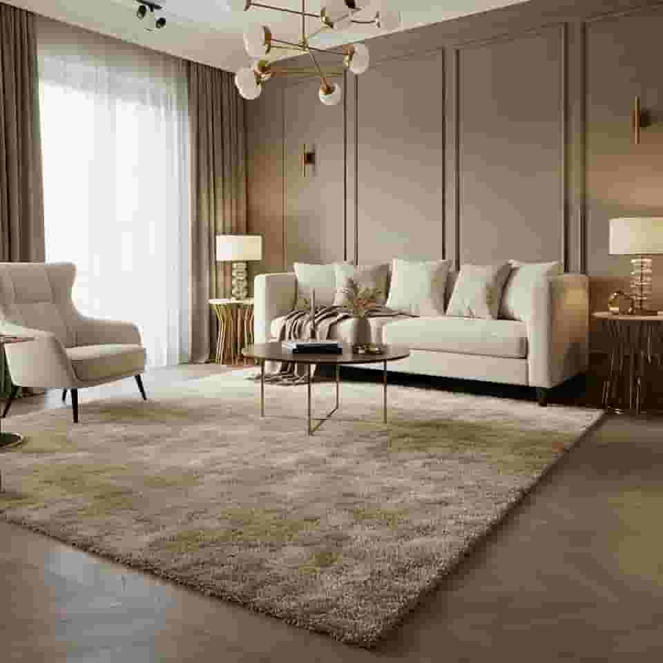 Tapete Felpudo Luxo, 230x200 cm, Base Antiderrapante, Retangular, Macio e Confortável para Sala e Quarto (Bege)