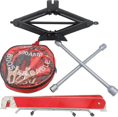 Kit Estepe Automotivo Macaco Hidráulico Sanfona até 2T Chave de Roda em Cruz 4 Bocas e Triângulo de Sinalização Para Emergências na Estrada