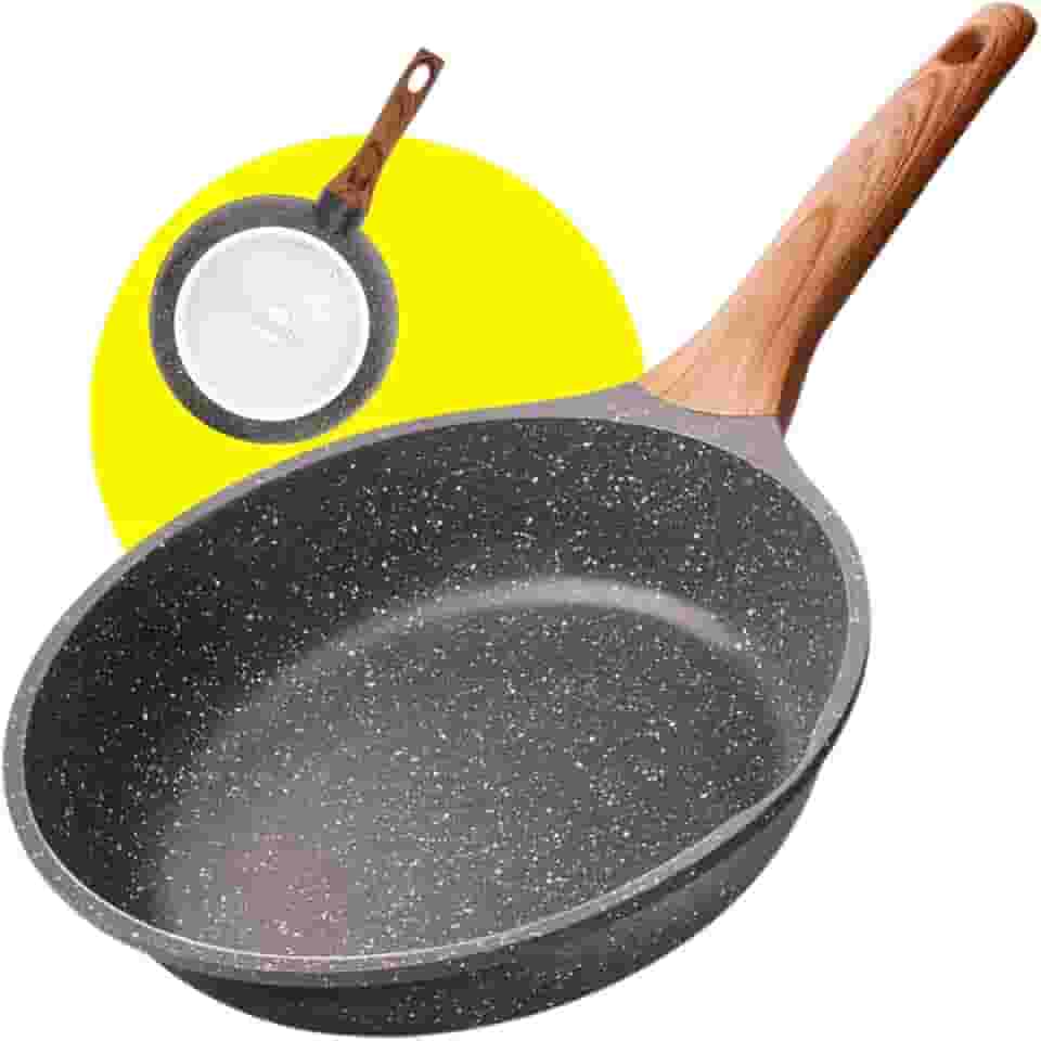 Frigideira antiaderente 24CM Grande em Alumínio Revestida em Cerâmica e Cabo De Madeira Fundo de Indução Fogão a Gás Elétrico e Indução (24 CM)