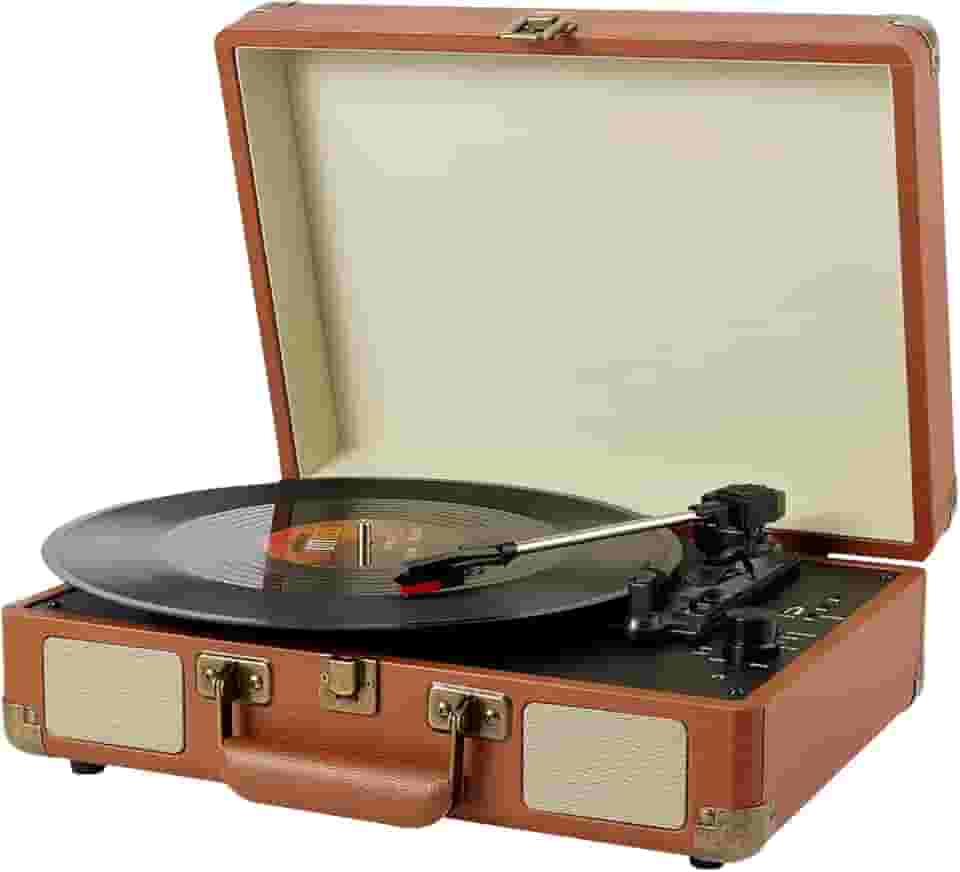 Vitrola Retro Bluetooth Portátil Radiola Disco Vinil com Alto-falante Integrado Tornamesa Vinilo Vintage 3 Velocidade Tocador Vinil Audiotecnica Puerto USB, Salida de Audífonos y RCA