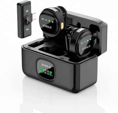 Microfone Lapela Duplo Sem fio A gold – Redução de Ruído, Case Carregador, Tipo C compatível com Android/Iphone 15/16/17, kit com 2 microfones, com display