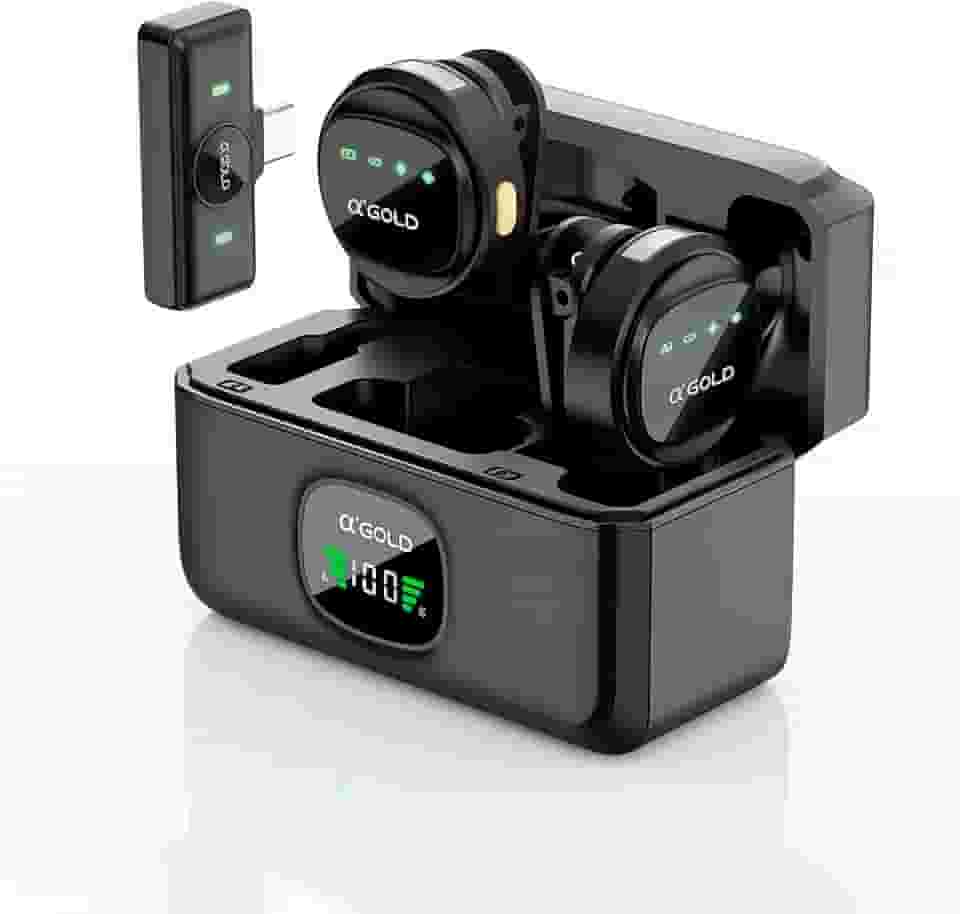 Microfone Lapela Duplo Sem fio A gold – Redução de Ruído, Case Carregador, Tipo C compatível com Android/Iphone 15/16/17, kit com 2 microfones, com display