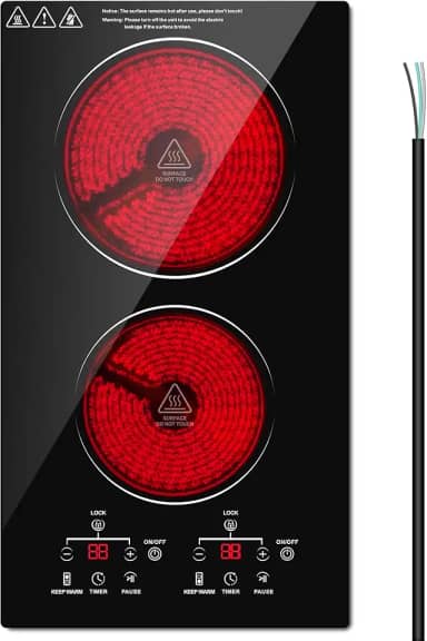 Fogão elétrico de 2 bocas, fogão elétrico de 30 cm, fogão elétrico embutido com sensor de controle de toque, temporizador e trava para crianças incluídos, mantém aquecido, 9 níveis de energia, 3000W