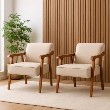 kit 2 Poltronas Cadeiras Estofadas em Linho Premium de Madeira Maciça para Sala de Estar Escritório e Recepção Confortáveis (Linho Cru)