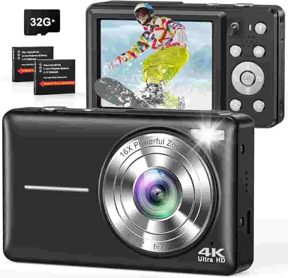 Câmera digital 4K, câmera digital compacta de apontar e fotografar com foco automático, câmera dupla, flash, zoom 16X, cartão de 32 GB, câmeras de 64 MP para fotografia, meninos, meninas, adolescentes