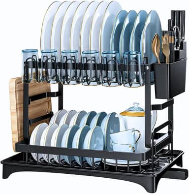 Escorredor de Louça Completo em Aço Carbono Organizador Escorredor de Pratos Inox, Suporte para Talheres, Copos, Tábuas, Facas e Bandeja de Drenagem de Água