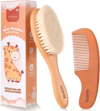 Conjunto de arbusto e pente de cabelo de bebê, escova de cabelo de bebê com cerdas macias de cabra e conjunto de pente de madeira, conjunto de pincéis de madeira para recém-nascidos e