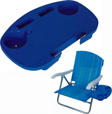 Mor - Mesa Portátil Para Cadeira de Praia – Apoio com Porta-Copos e Porta-Objetos, Encaixe Rápido, Plástico Resistente, Ideal para Praia, Camping e Piscina.