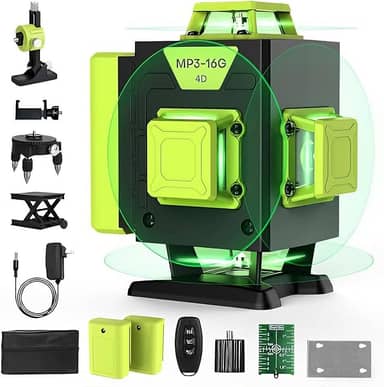 16 linhas laser nível 360 autonivelamento, 4x360° profissional 4D cross line lazer nível verde com 2 baterias para construção e pendurar fotos, suporte magnético de brilho ajustável, controle remoto