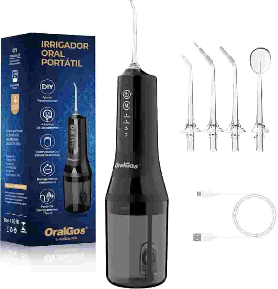 Irrigador Dental Portatil 260ML, 4 Modos de Jato, 4 Bicos, Limpeza Profunda dos Dentes e Gengivas, Elétrico, Recarregável, À Prova d’Água IPX7 (Preto)
