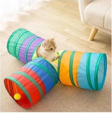 Brinquedo Interativo para Gatos Pets Tunel com Bolinha – Portátil Dobrável com 3 Saídas em T para Gatos Estímulo, Diversão, Exercício e Aventura Túnel Colorido