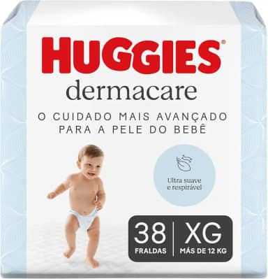 Fralda Huggies Premium Dermacare Tamanho XG - 38 Fraldas Premium com formato anatômico, materiais ultra macios e respiráveis. Super absorção de até 12 horas e ajuda previnir assaduras