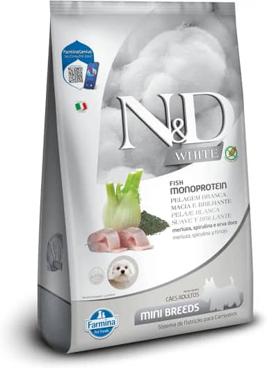 N&D White para Cães Adultos de Raças Mini e Pequenas Sabor Merluza, Spirulina e Erva Doce 2Kg
