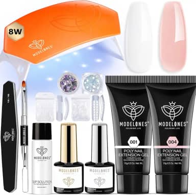 Modelones Kit de unhas de gel de extensão de poliéster, 2 peças, kit de gel de unha de poliéster, gel de extensão com mini lâmpada de unha, solução de deslizamento, manicure de strass,