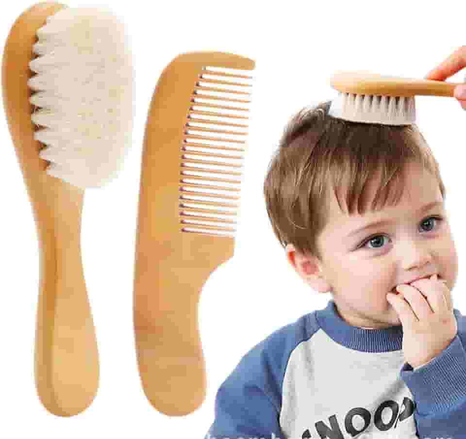 Conjunto de escova de cabelo e pente para bebê, conjunto de escova de cabelo de madeira para bebê macio e suave conjunto de escova e pente para bebê, menina, menino, criança pequena
