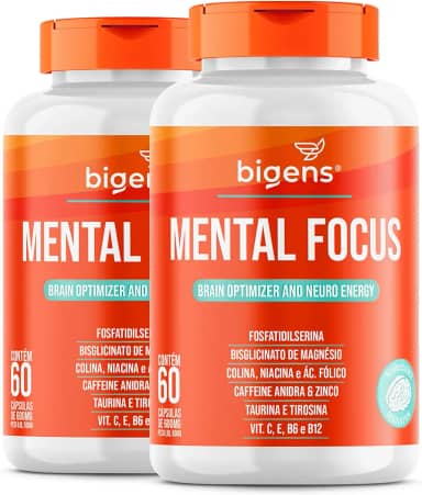 Mental Focus, Fosfatidilserina, Tirosina, Taurina, Caféina, Magnésio Glicina, Colina e vitaminas, Bigens, 60cps (Kit 2)