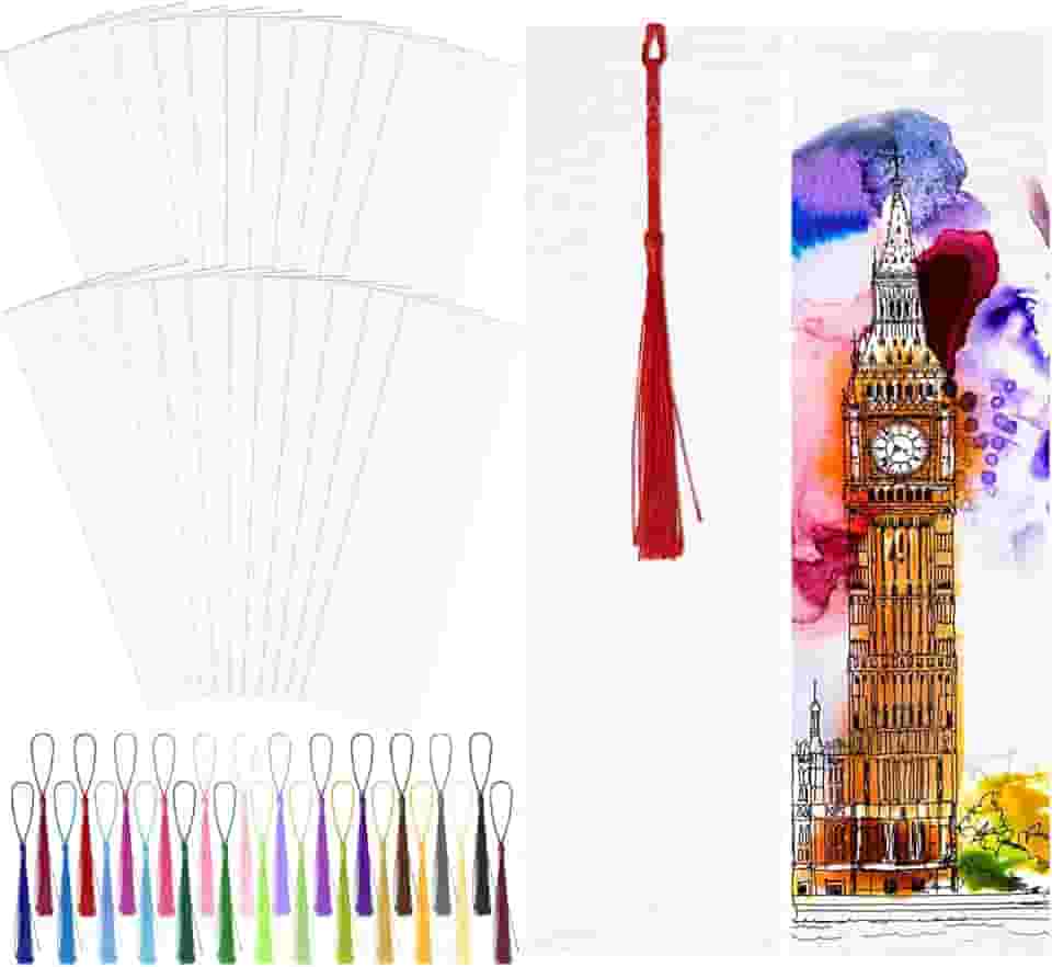 LOTMER 100 peças de marcadores em branco de papel aquarela com borlas coloridas, borlas, kit faça você mesmo, marcadores de papel aquarela de algodão com orifício para sala de aula DIY e etiquetas de