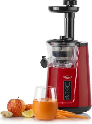 Omega Extrator de mastigação lenta vertical 365 da Juicer Cold Press para frutas e vegetais, livre de BPA, 65 RPM, 150 Watts, vermelho