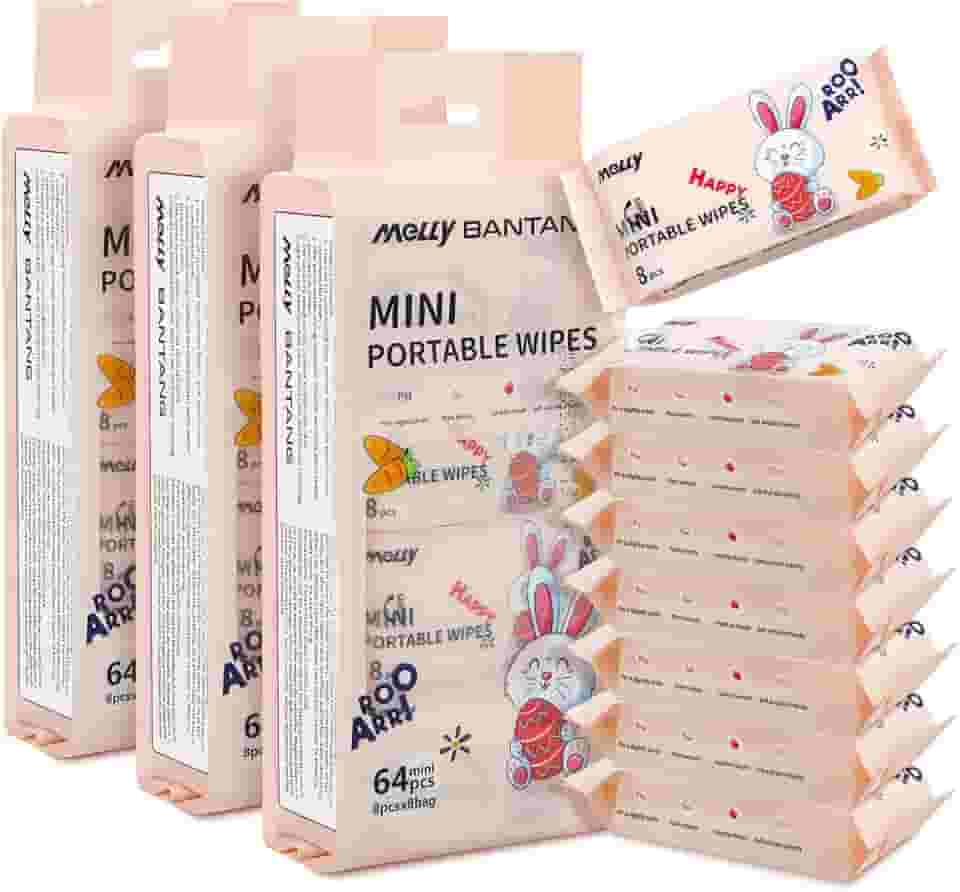 Lenços umedecidos para viagem, mini lenços de maquiagem, fácil portabilidade, ingredientes amigos da pele, pacote com 24, total de 192 lenços, rosa