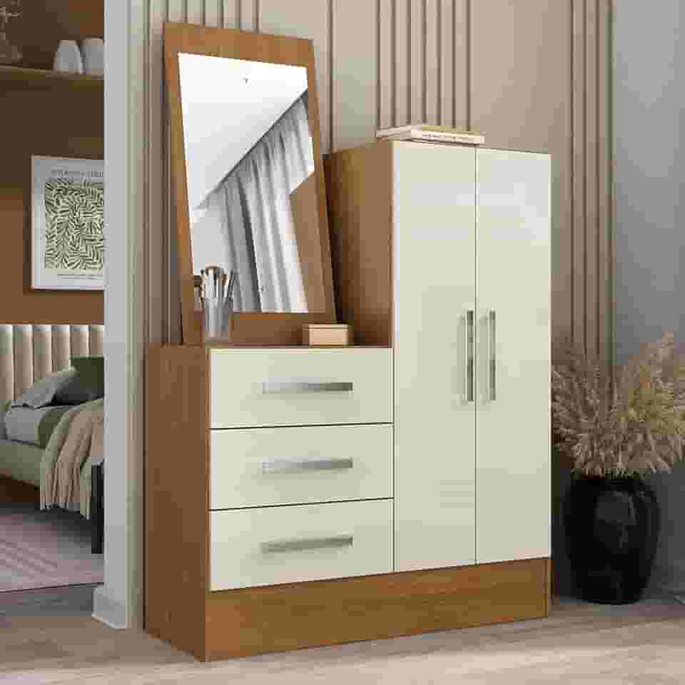 Cômoda 2 Portas 3 Gavetas com Espelho Dunas Cinamomo/Off White