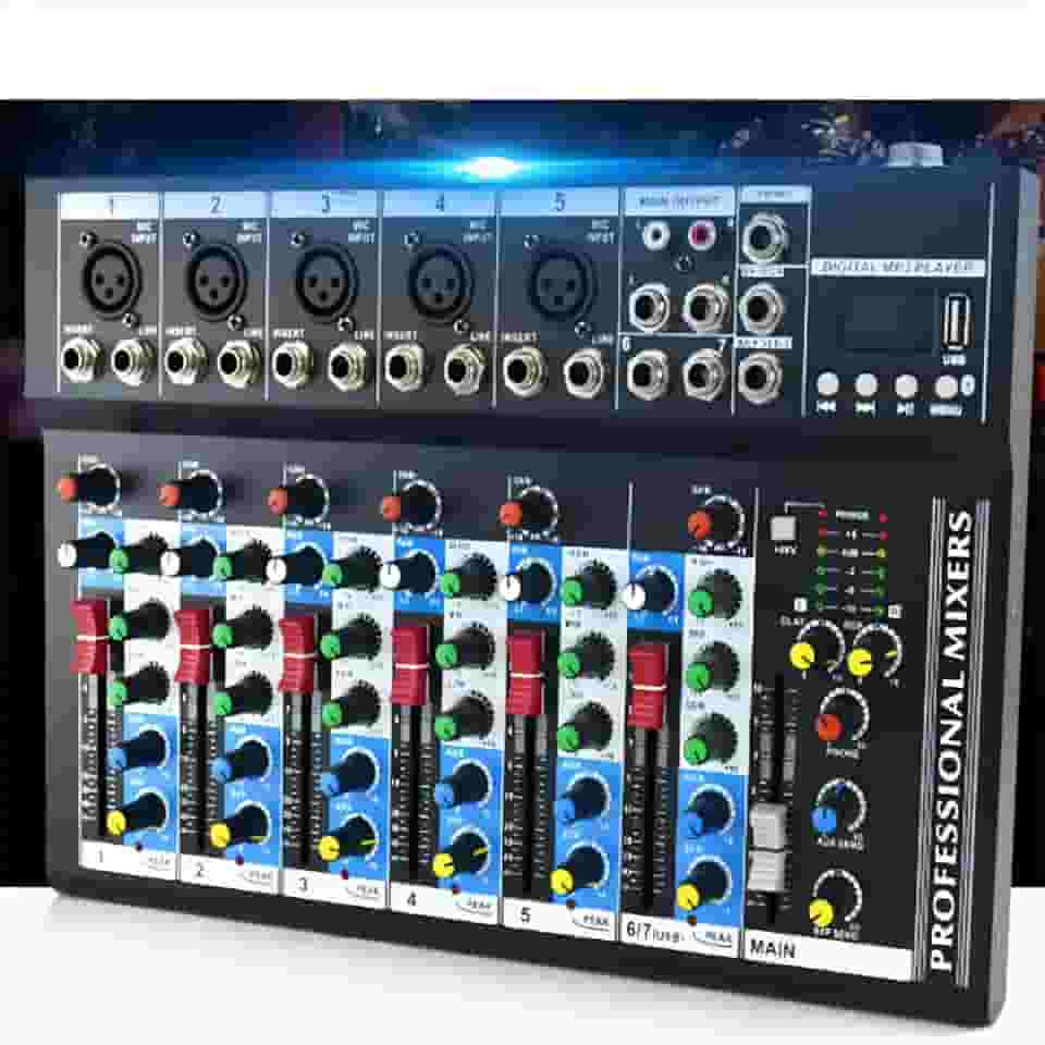 VEDO Mixer de Áudio Profissional 7 Canais VDA107L com Bluetooth, Entrada USB, Efeitos Digitais, Phantom Power +48V para Podcast, DJ, Gravação e Transmissão Ao Vivo - Mesa de Som Compacta 127/220V
