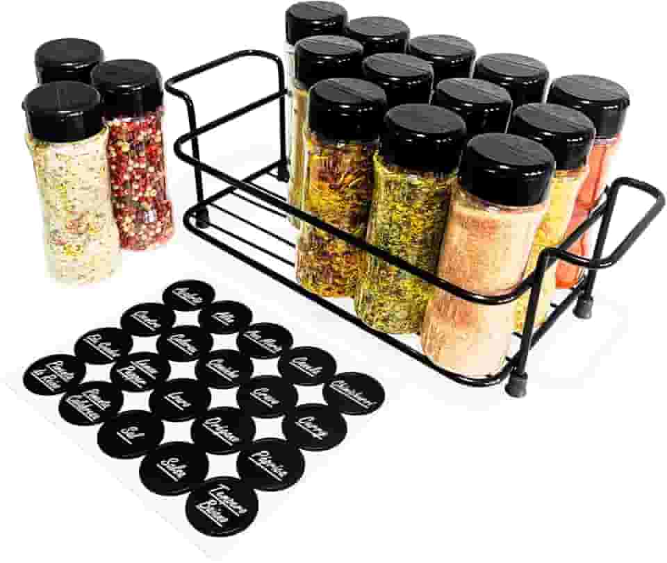 Suporte Cesto Ferro com Alça + 15 Potes Tempero 130ml de Plástico para Condimentos Especiarias Temperos com Tampa Dosadora Dupla + Adesivos