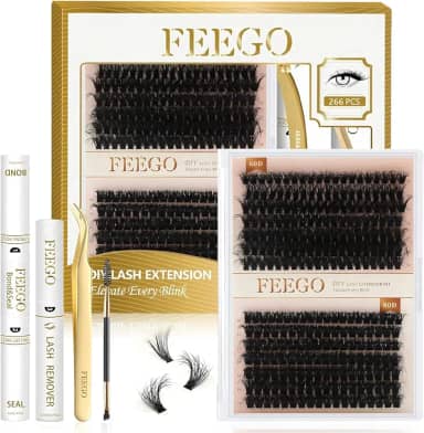 Kit Cílios Extensaões FEEGO 60D+80D - 280 Clusters para Volume Profissional, Modelagem Densa e Ondulada - Inclui Cola, Removedor e Pinça - Ideal para Iniciantes