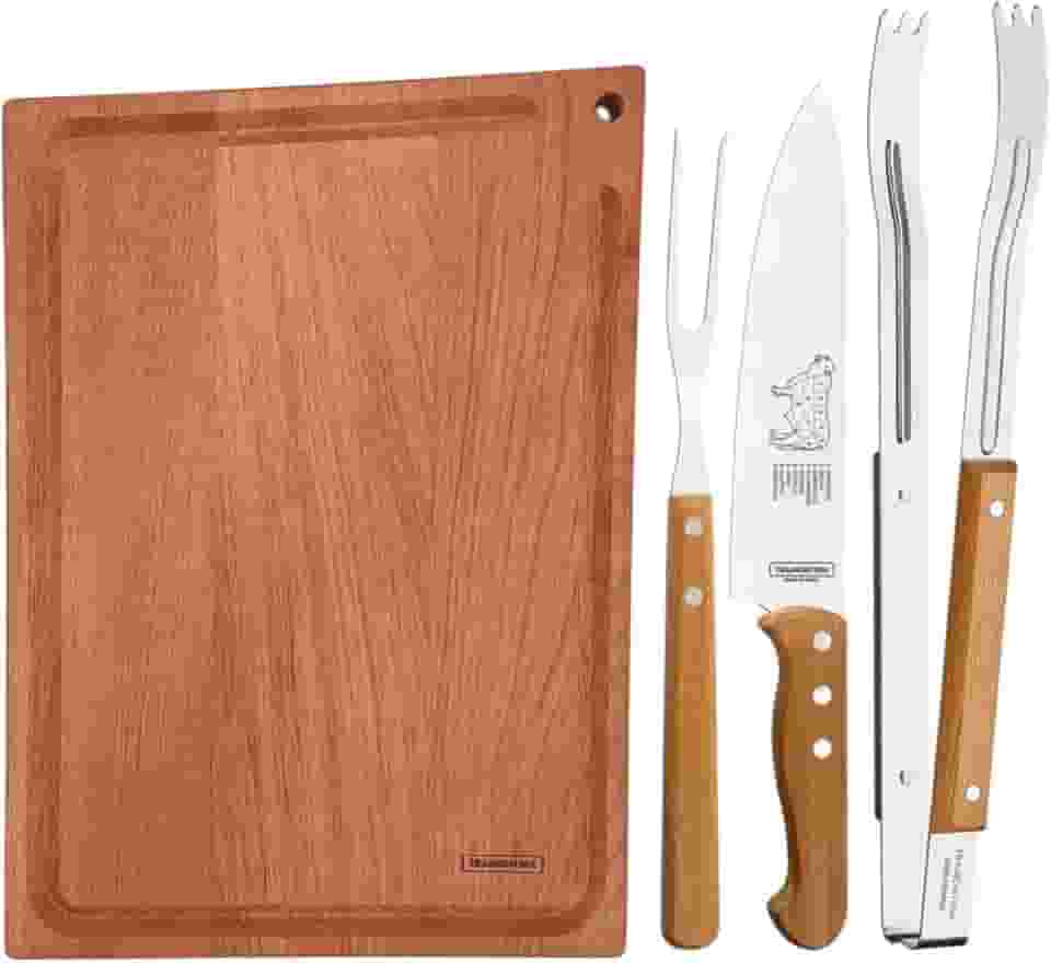 Kit para Churrasco Tramontina com Pegador Faca e Garfo Trinchante + Tabua de Corte 20x33cm