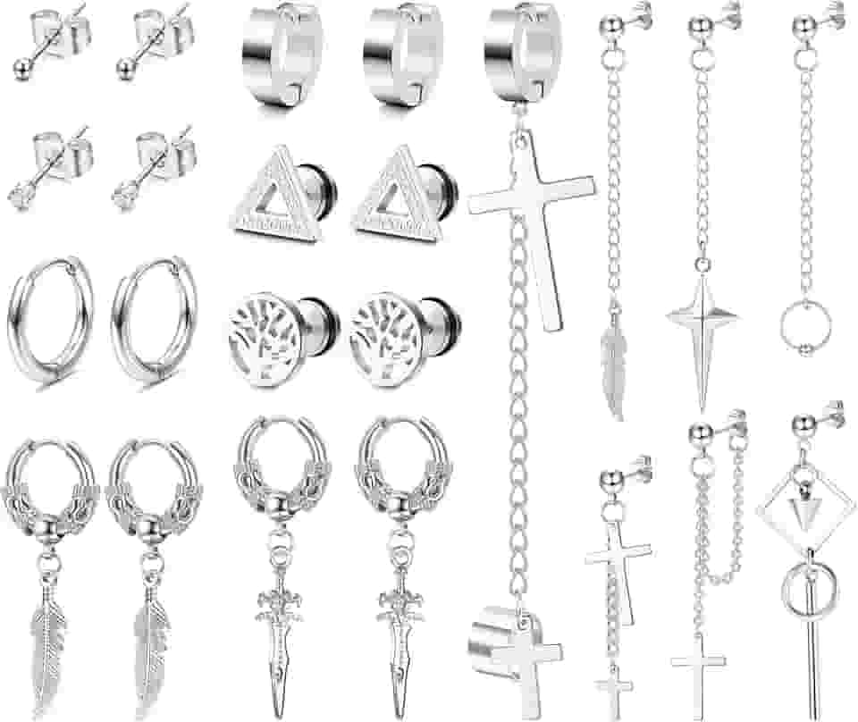 Conjunto de 23 brincos masculinos prateados e pretos para homens, brincos de cartilagem, brincos de aço inoxidável, standard, Aço inoxidável, Sem pedra preciosa