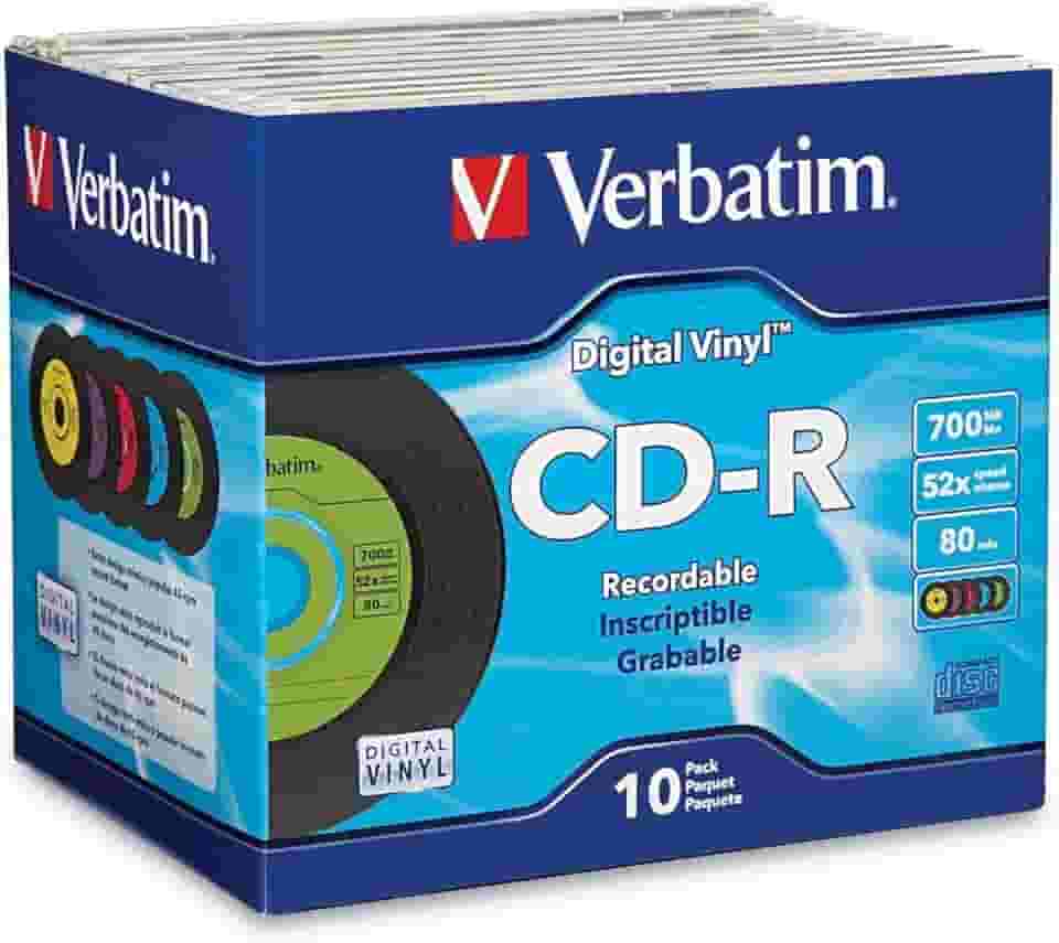 Verbatim Discos em branco CD-R 700 MB 80min 52X disco gravável para dados e música com superfície de vinil digital - 10 unidades de capa fina azul/verde/laranja/rosa/roxo