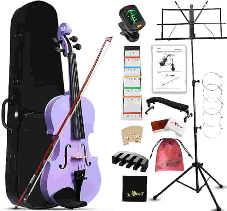 Aileen Violino tamanho 1/4 para crianças iniciantes, kit iniciante violino roxo para estudantes de 4 a 7 anos, incluindo suporte de música, adesivo de dedo novo exclusivo, mudo