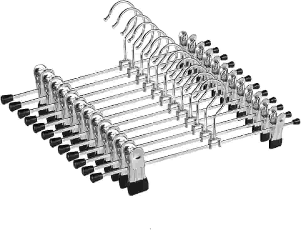 Kit 12 Cabides de Metal com Presilhas Ajustáveis Antiferrugem – Gancho Giratório 360°, Revestimento Emborrachado, Ideal para Roupas Delicadas, Calças e Saias