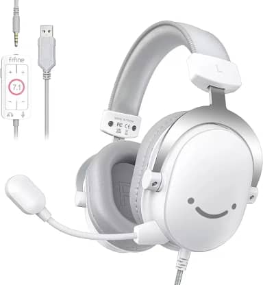FIFINE Fone de ouvido USB para jogos de PC com conector de áudio de 3,5 mm,microfone removível,som surround 7.1,controle de volume,com fio para streaming para PS5,computador,controlador,Xbox-H9 branco