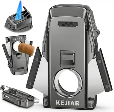 Isqueiro de charuto, isqueiro de jato duplo, furador embutido, cortador e suporte de charutos de borda dupla, isqueiro de butano recarregável, acessórios de charutos ideais para homens presente