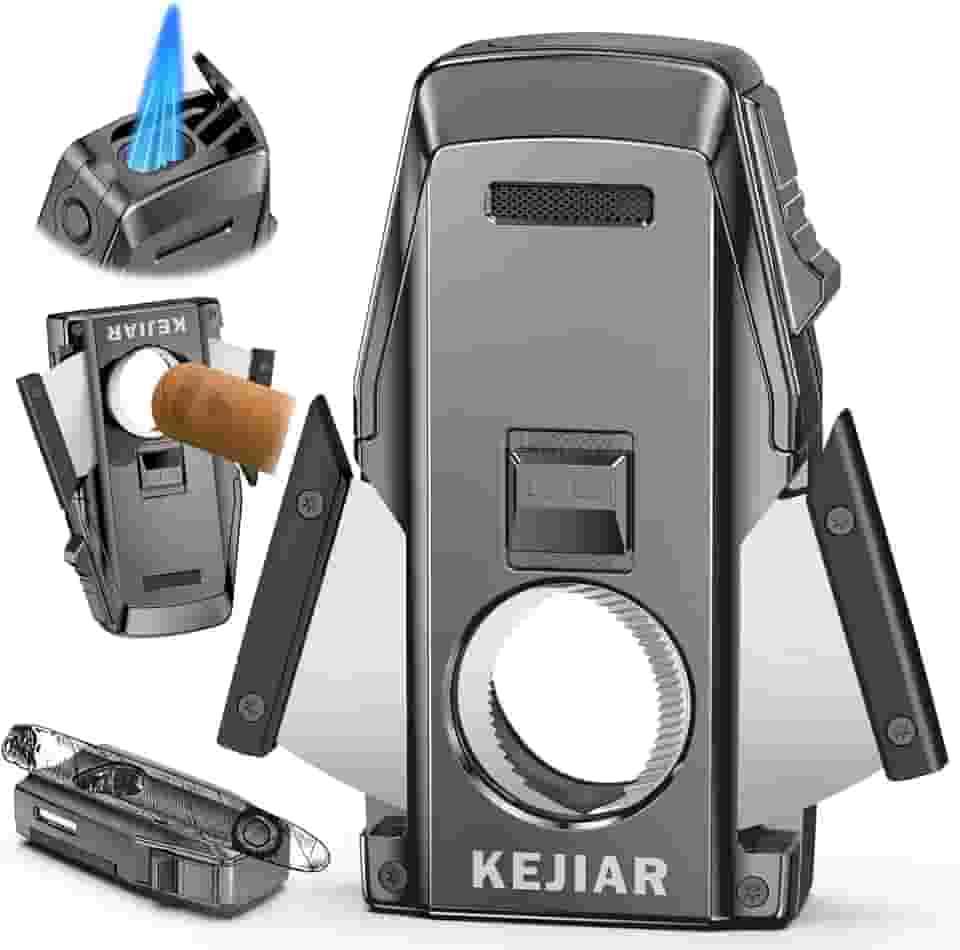 Isqueiro de charuto, isqueiro de jato duplo, furador embutido, cortador e suporte de charutos de borda dupla, isqueiro de butano recarregável, acessórios de charutos ideais para homens presente