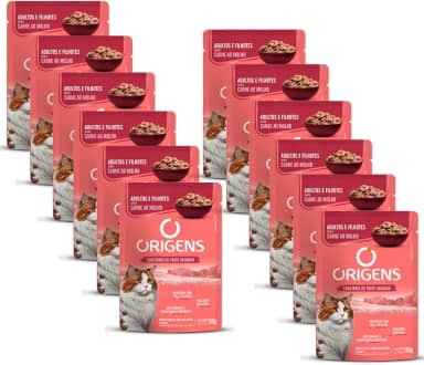Sachê Origens Gatos Adultos e Filhotes Sabor Carne 85g Ração Úmida Suculenta 12 Unidades