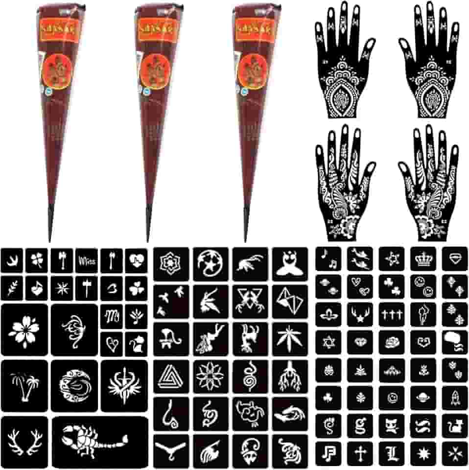 Moricher Kits de tatuagem temporária, 3 cones de tatuagem de henna, 101 estêncis, marcadores semipermanentes, gel jagua, para mulheres, homens, crianças, faça você mesmo, pintura artística, presentes