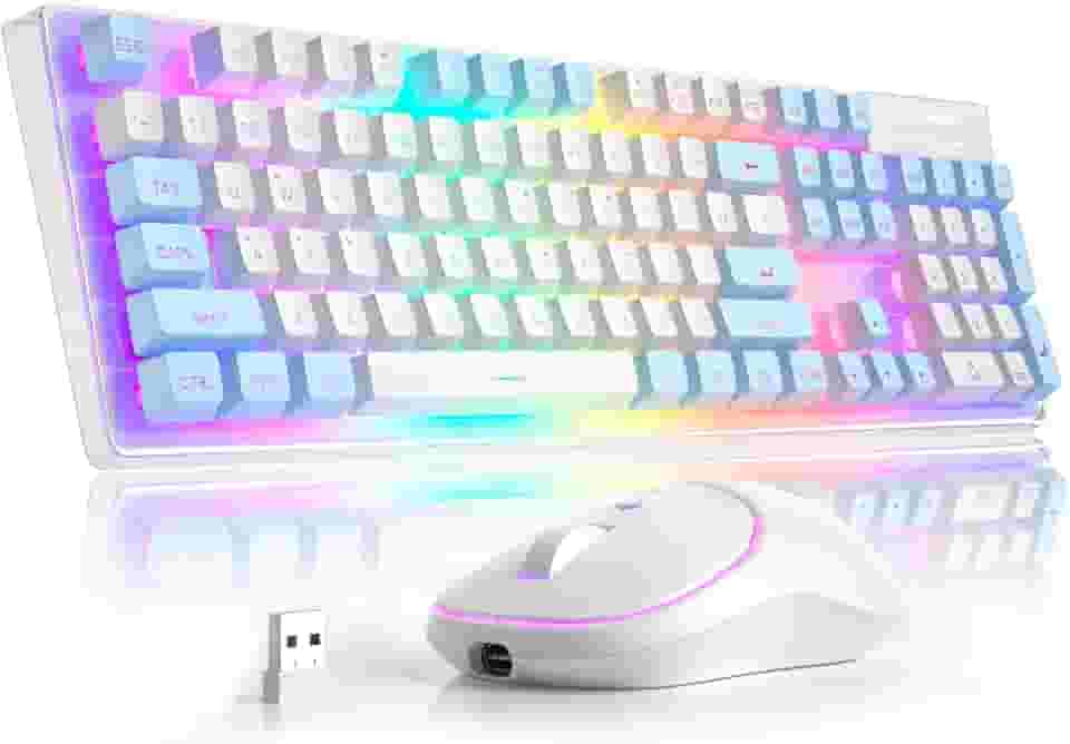 MageGee Teclado e mouse para jogos sem fio V550, teclados de computador LED RGB de tamanho completo de 2,4 G com revestimento transparente, combo de mouse e teclado sem fio silencioso recarregável
