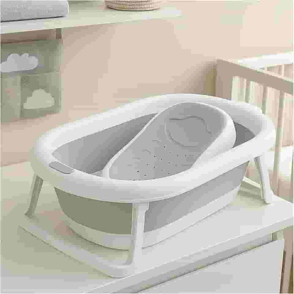 PIPDIP Kit Banheira Dobrável para Bebê, Modelo 2 em 1, Com Encosto, Capacidade de até 44 Litros, Portátil, Plástico e Borracha, Branco e Cinza.