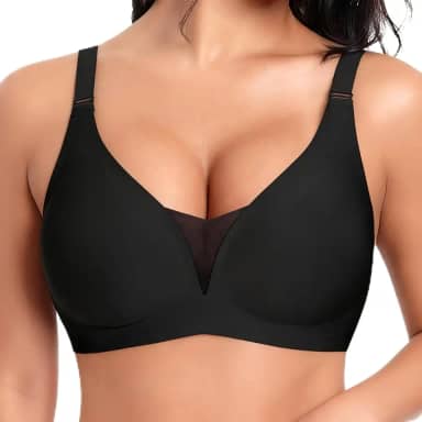 Sutiã feminino sem costura confortável com decote em V sem fio - sutiã push-up sem fio para mulheres, cobertura total, sem costura, Preto, G