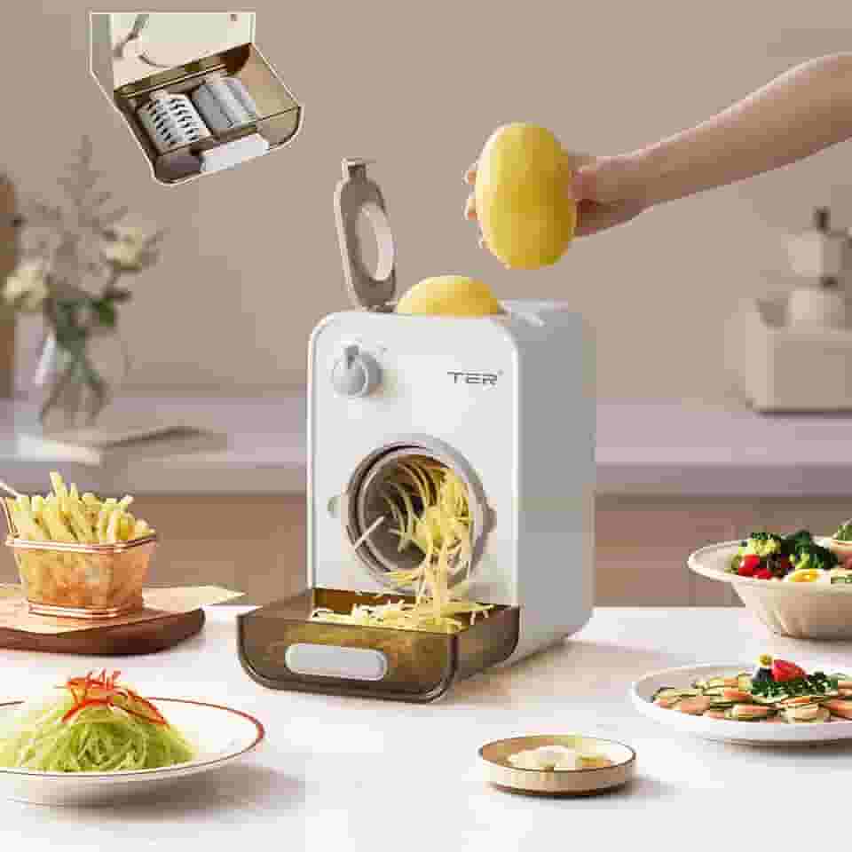 TER Ralador De Queijo Elétrico Com 5 Lâminas – Triturador De Vegetais 5 Em 1 Para Cenouras, Batatas E Muito Mais, Calibre Grande De 110 Mm, Caixa De Armazenamento De Lâminas Integrada, Ralar Rápido