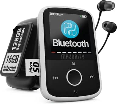 Leitor de MP3 com Bluetooth e clipe esportivo | Fones de ouvido incluídos, expansível para 128 GB | Leitor de música Bluetooth, tela colorida HD, 34 horas de vida útil da bateria | SD e USB-C | Leitor