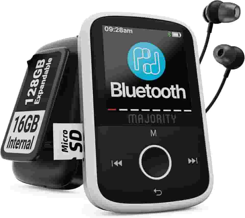 Leitor de MP3 com Bluetooth e clipe esportivo | Fones de ouvido incluídos, expansível para 128 GB | Leitor de música Bluetooth, tela colorida HD, 34 horas de vida útil da bateria | SD e USB-C | Leitor