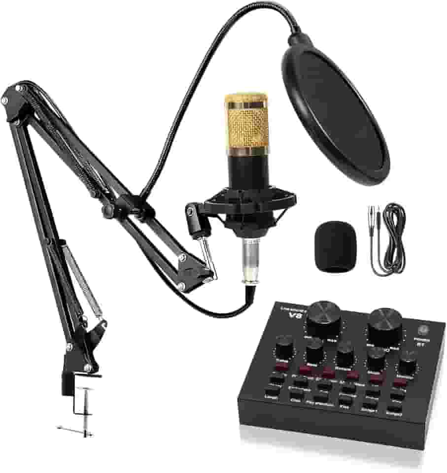 Microfone Condensador, Kit Microfone Condensador com Placa de Som e Braço Articulado e Pop Filter para Transmissão Ao Vivo, Podcast, Gravação de Audio