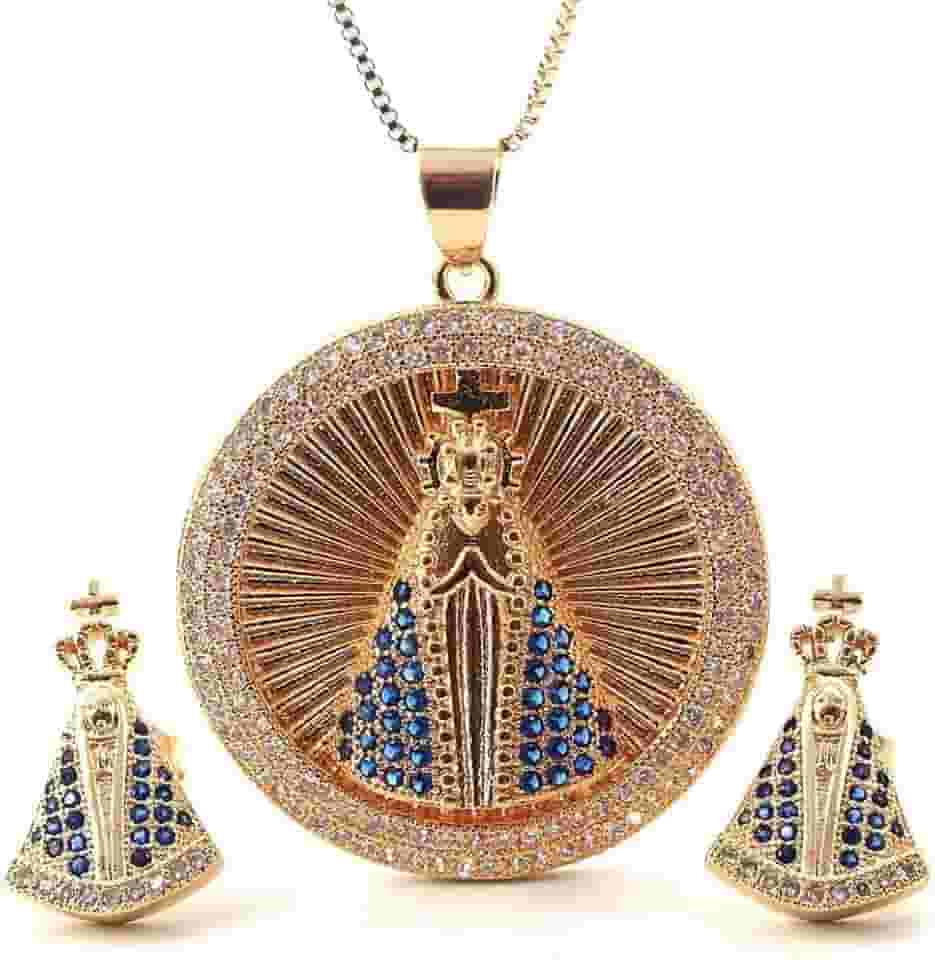 Conjunto Feminino 'Nossa Senhora Aparecida' – Colar e Brincos Banhados a Ouro 18K com Zircônias, Simbolismo Religioso e Fé – Acompanha Bolsa de Veludo