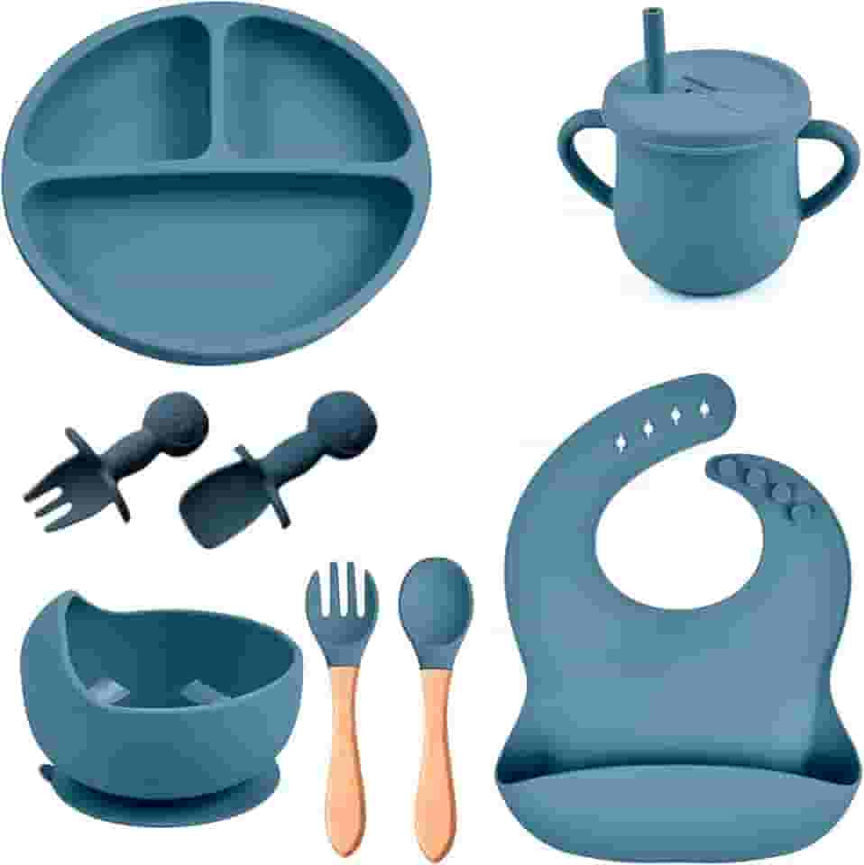 Kit Introdução Alimentar Bebe 8 Peças Silicone Iniciação Para Alimentos Livre de BPA Atóxico Antibacteriano Seguro Sem Pontas Colher, garfo, copinho, pote e pratinho Criança 6 meses (Azul Petróleo)