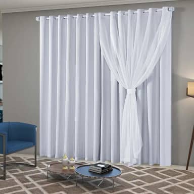 Cortina Sala Quarto Blecaute com Linho Bordado 2,80m Larg x 2,60m Alt, Forro em PVC Blackout 100% c/Abraçadeiras Inovi - Branco
