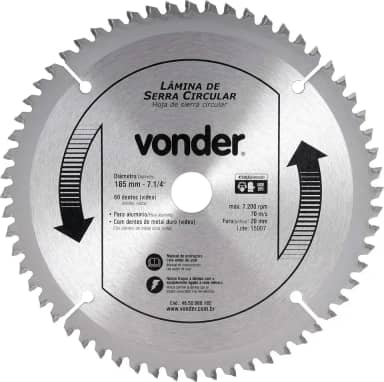 Vonder, Lâmina De Serra Circular Com Vídea, Para Alumínio, 185 Mm X 20 Mm X 60 Dentes.